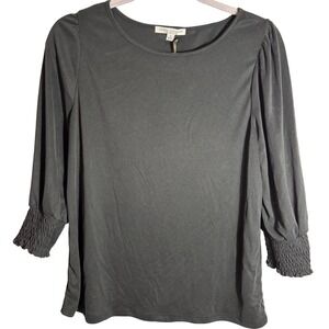 NWT Green Envelope Los Angeles Black Smocked Cuff Modal Blend Blouse Size M